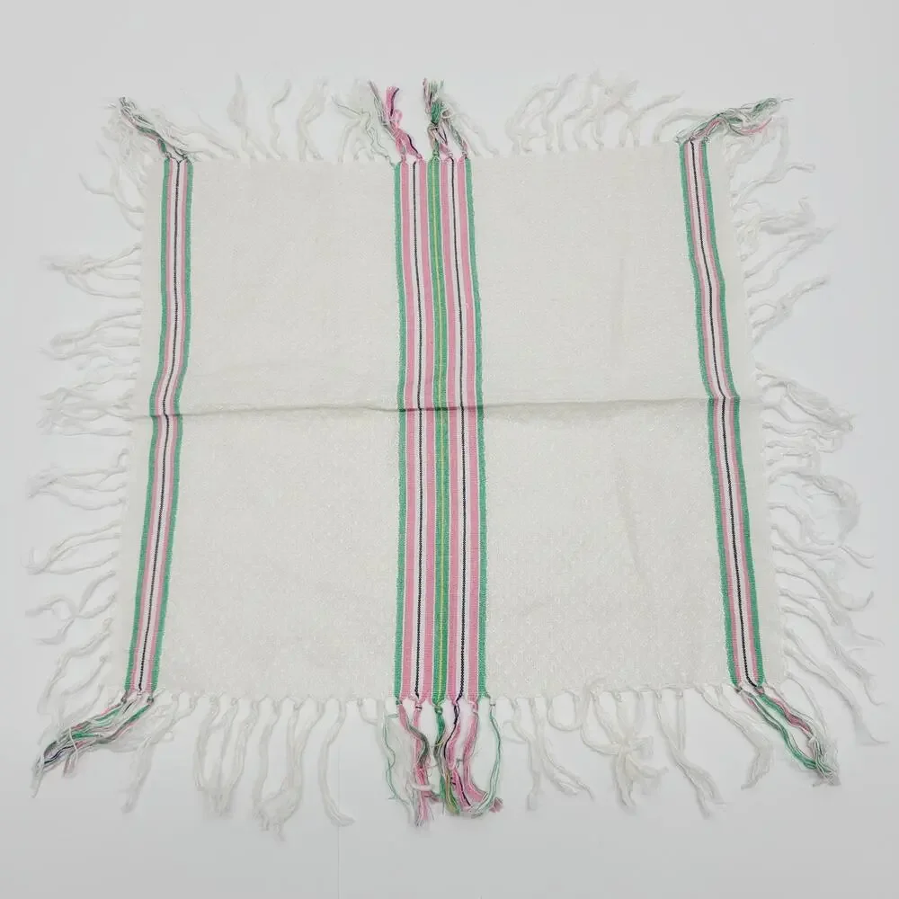 2 VTG White Diamond Texture Multi Stripe Fringed Napkins Green Pink Yellow Black